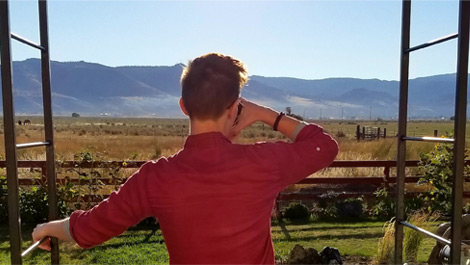 Man drinking coffee and looking at farm land